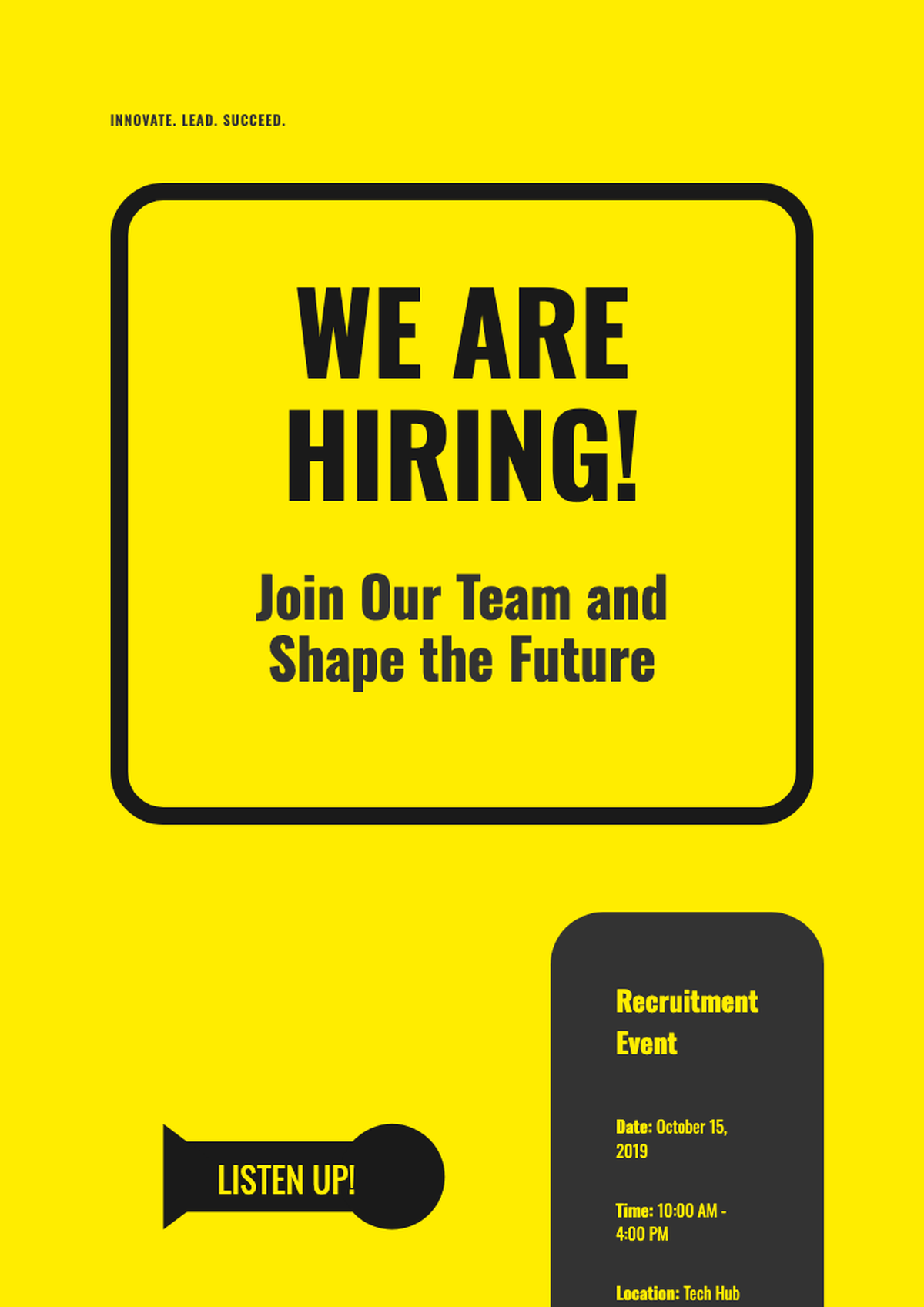Bold yellow hiring poster with megaphone graphic and walk in interview details_variant_2